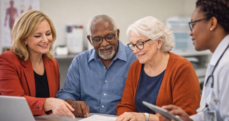 two providers and two older adults discussion paperwork