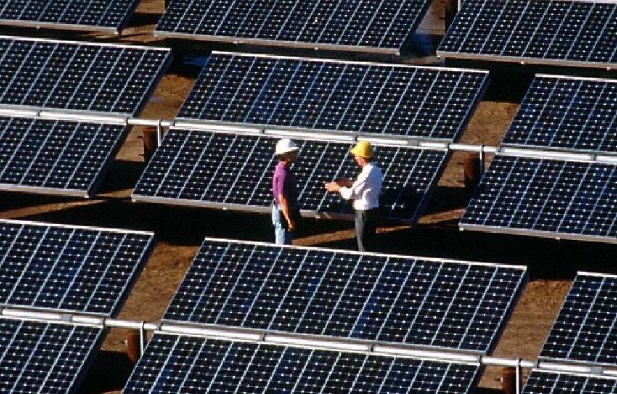 solar farm with two workers