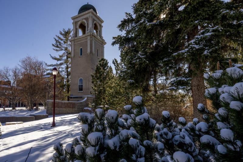A snowy scene on the University of Denver campus.