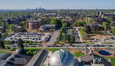 arial view of du and denver skyline